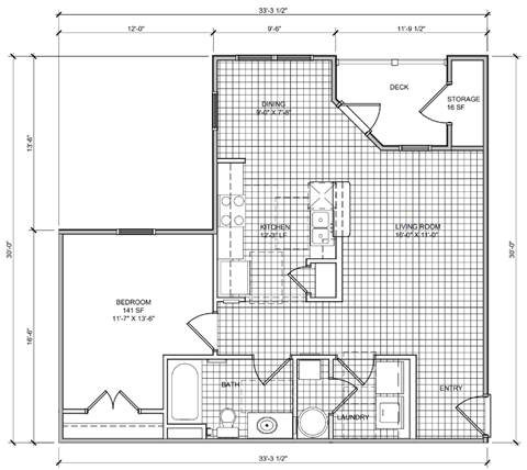Floor plan for 1 bed, 1 bath, 761 sqft